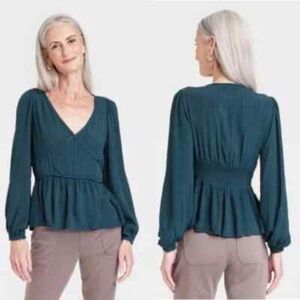 Knox Rose Teal Long Sleeve Peplum Top Silver Metallic Stripe size Small